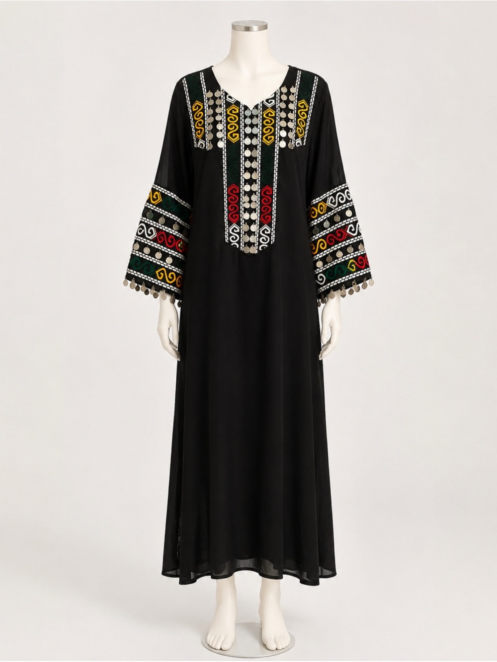 Black Embroidered Long Sleeveu Maxi Dress